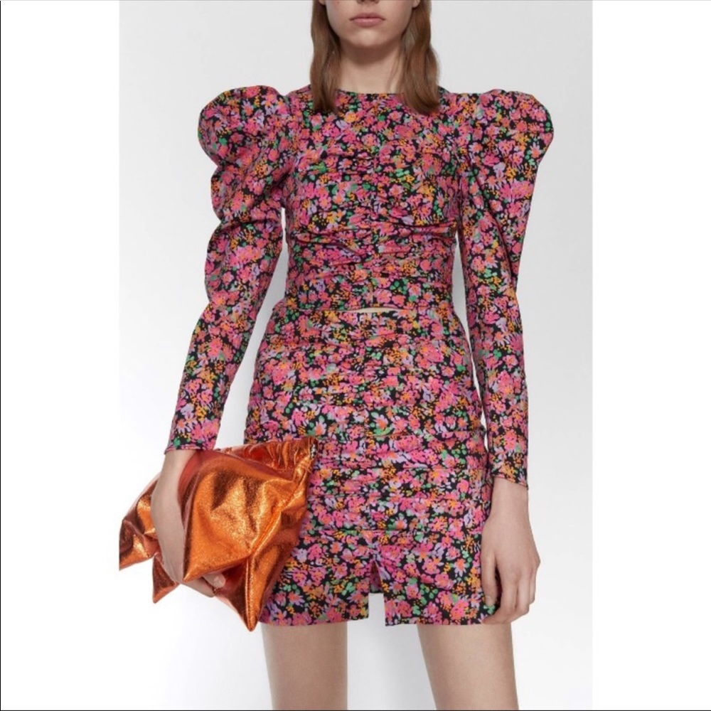 Zara Printed Puff Sleeve Crop Poplin Top